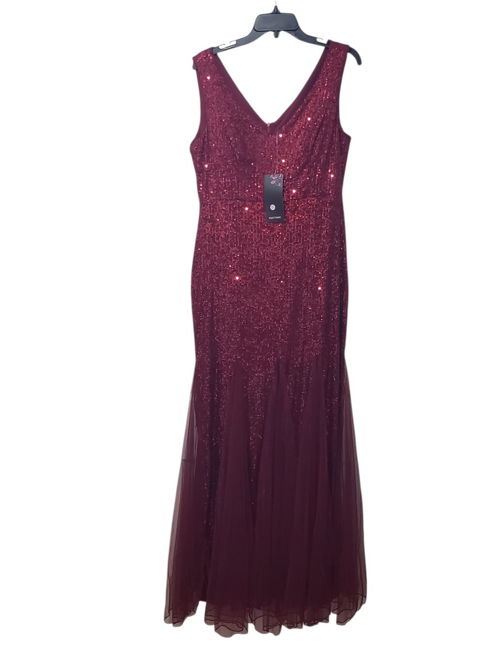 XUCTHHC | Burgundy Sequin V-Neck Mermaid Evening Gown Maxi Dress | Women XXL